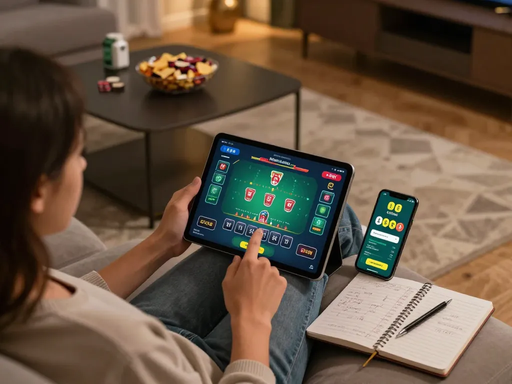Engaged player using EE88 app on tablet for blackjack at home with snacks and strategy notes