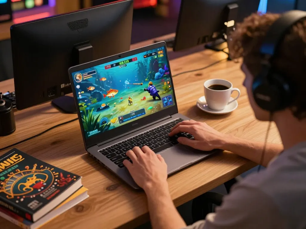 Player enjoying a captivating fish shooting game on 555win's online platform from a cozy desk.