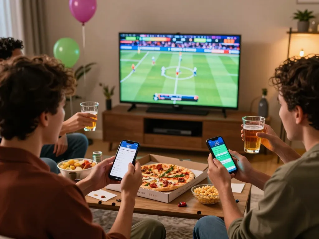 Friends enjoying sports betting with Usbet app during game day celebrations