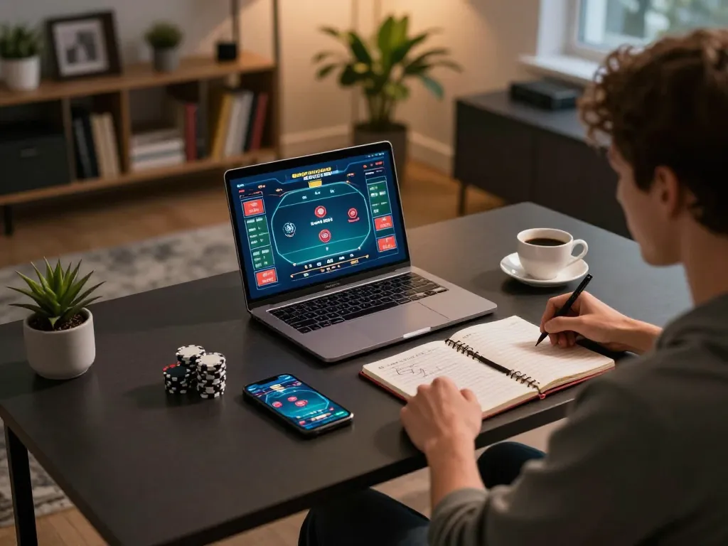 Engaged player strategizing online poker with KKWIN on laptop in cozy home setting
