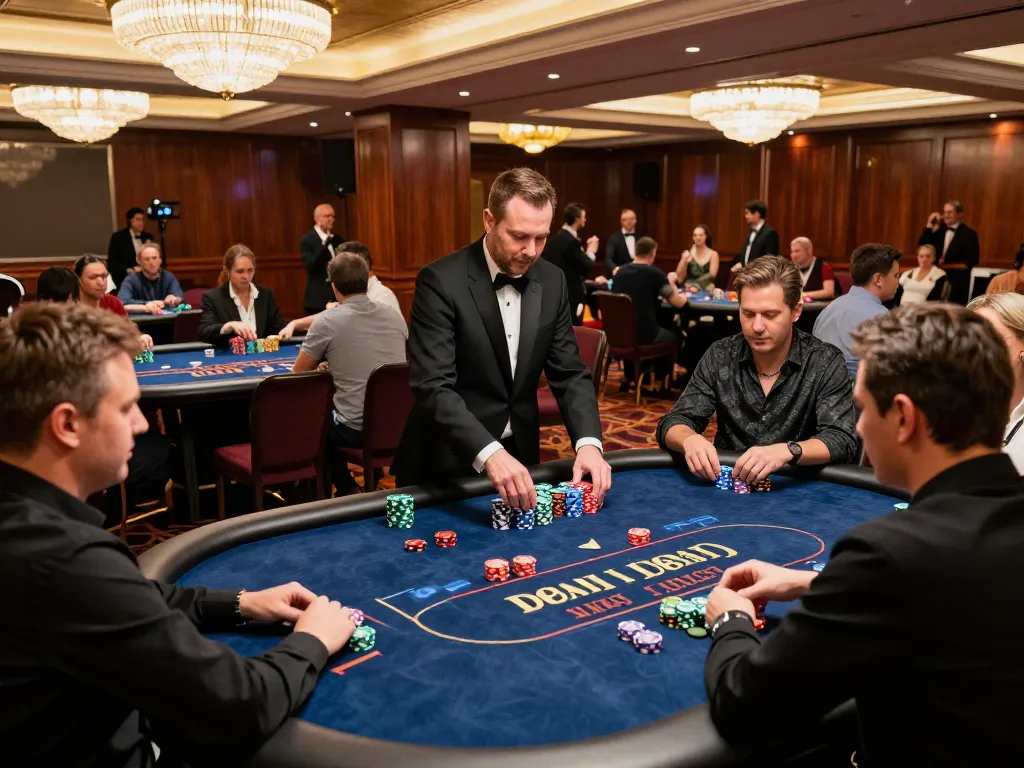 gmnc gaming scene showcasing engaged players at poker tables and vibrant casino atmosphere