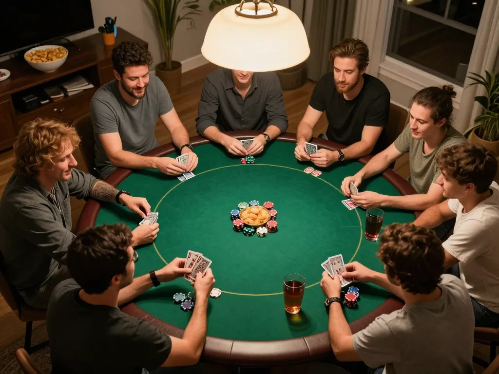 Players engage in thrilling poker hands during a home game, capturing the essence of jaeyongkim's vibrant gambling nights.