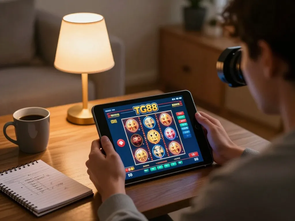 TG88 user enjoying online gambling on a tablet in a cozy home setting