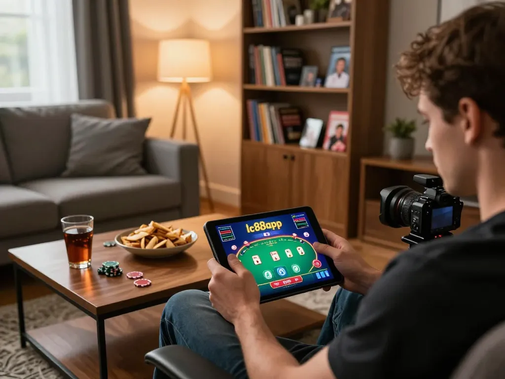An engaged online gambler utilizing the lc88app on a tablet, showcasing an interactive poker interface and a cozy home setting.