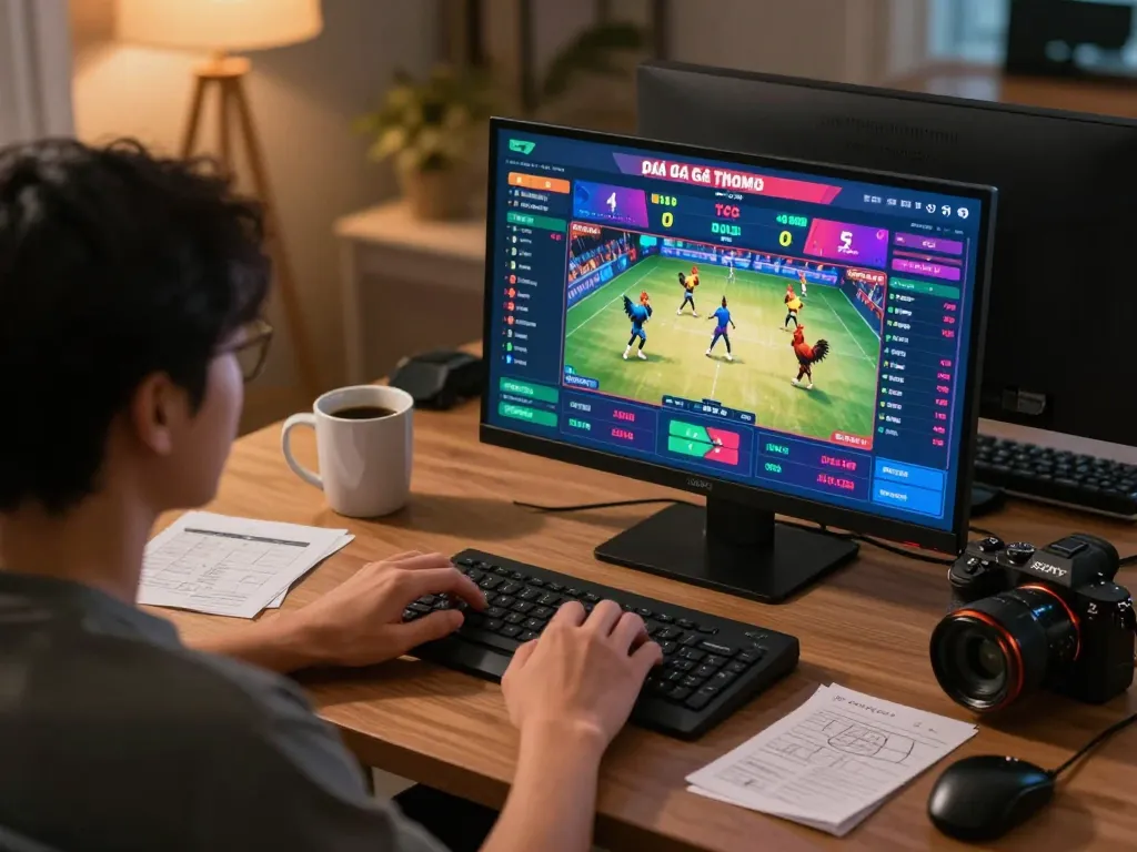 Engaged player participating in Đá Gà Thomo live betting session online, showcasing excitement and strategy.