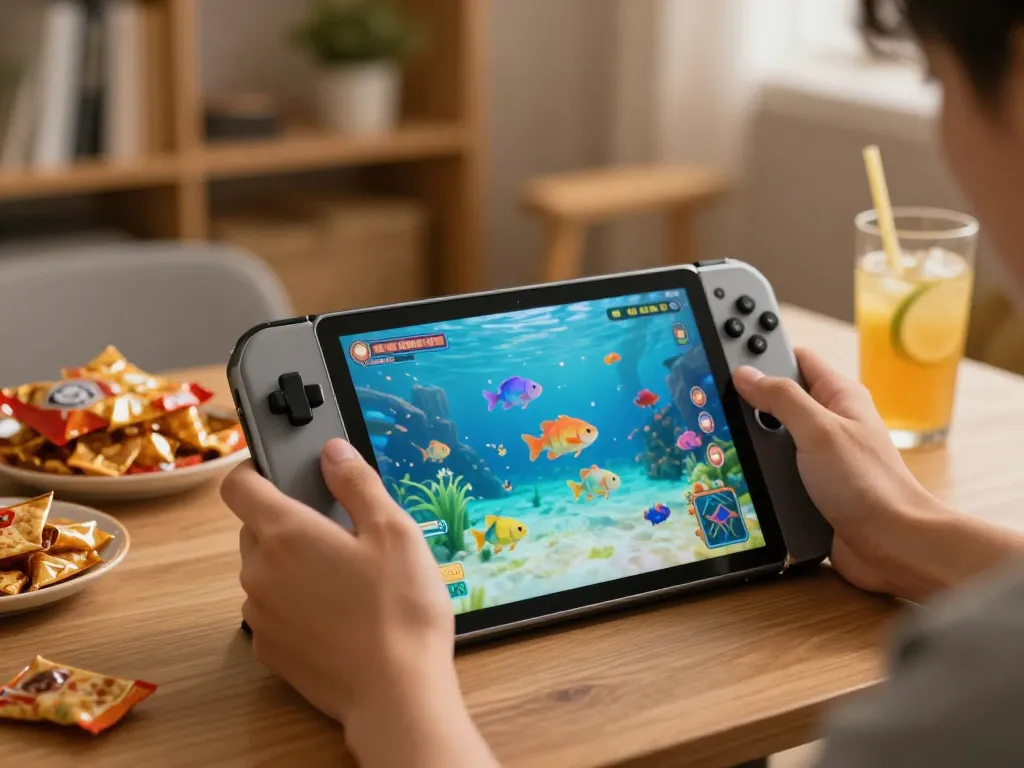 Bắn cá đổi thưởng gameplay on tablet with vibrant underwater graphics at a cozy home setup.
