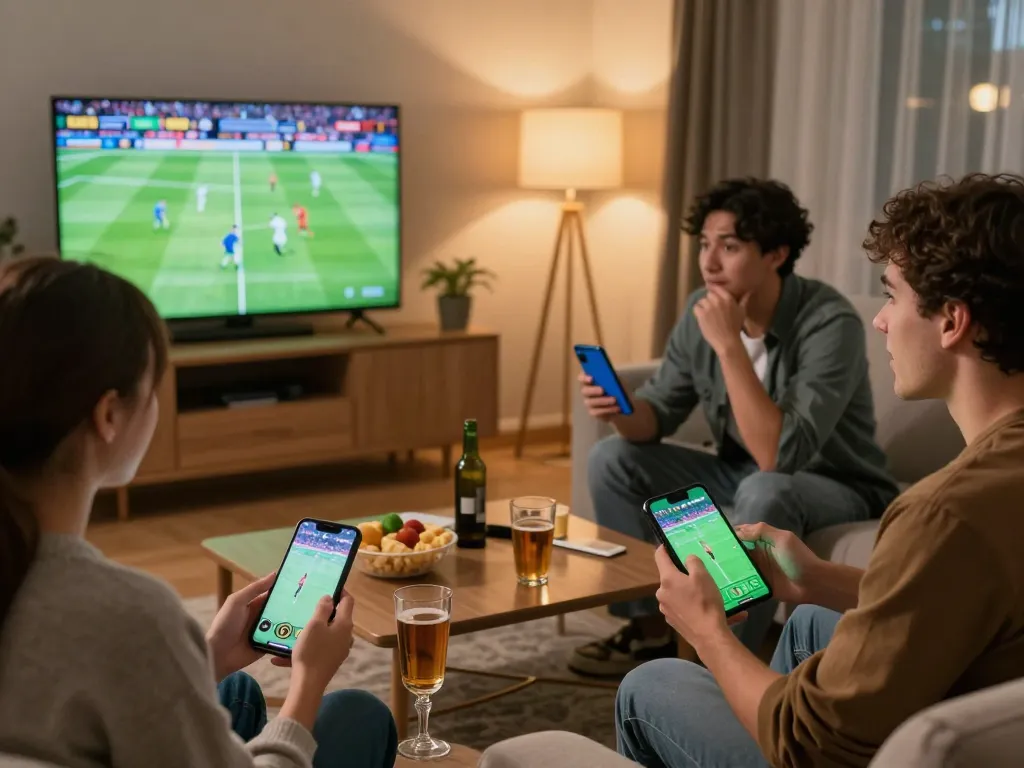 Friends engaging in sports betting on smartphones while watching a live football match in a cozy setting, featuring trang cá cược bóng đá.
