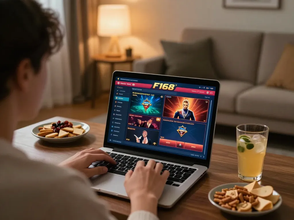 Engaging online gaming experience at F168 with laptop showing live casino games.