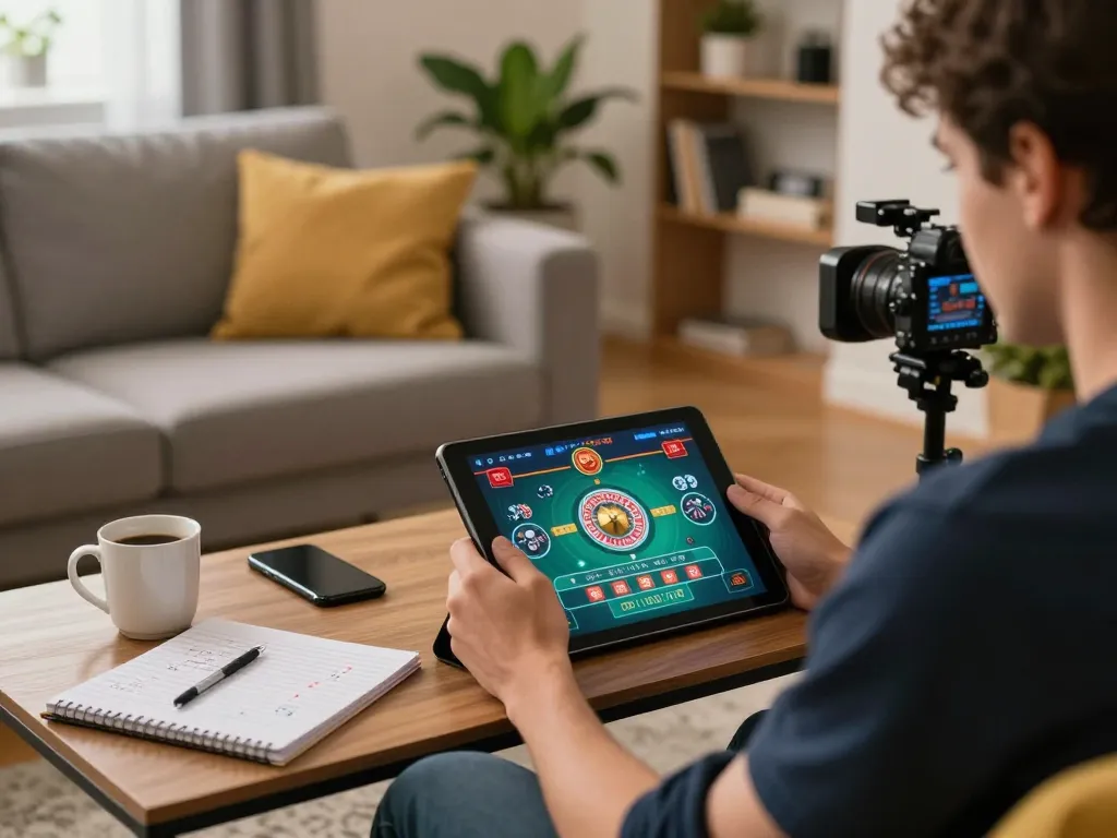 Player enjoying online casino games at home with 68win on tablet, creating an exciting gambling atmosphere