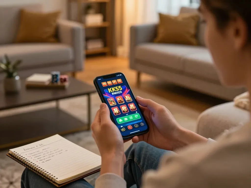 Player engaging with the KK55 casino app on smartphone, showcasing a strategic gaming atmosphere in a cozy home setting.