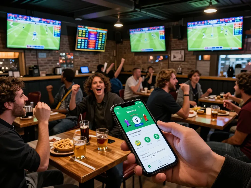 Socolive app in action as a football fan places live bets in a bustling sports bar