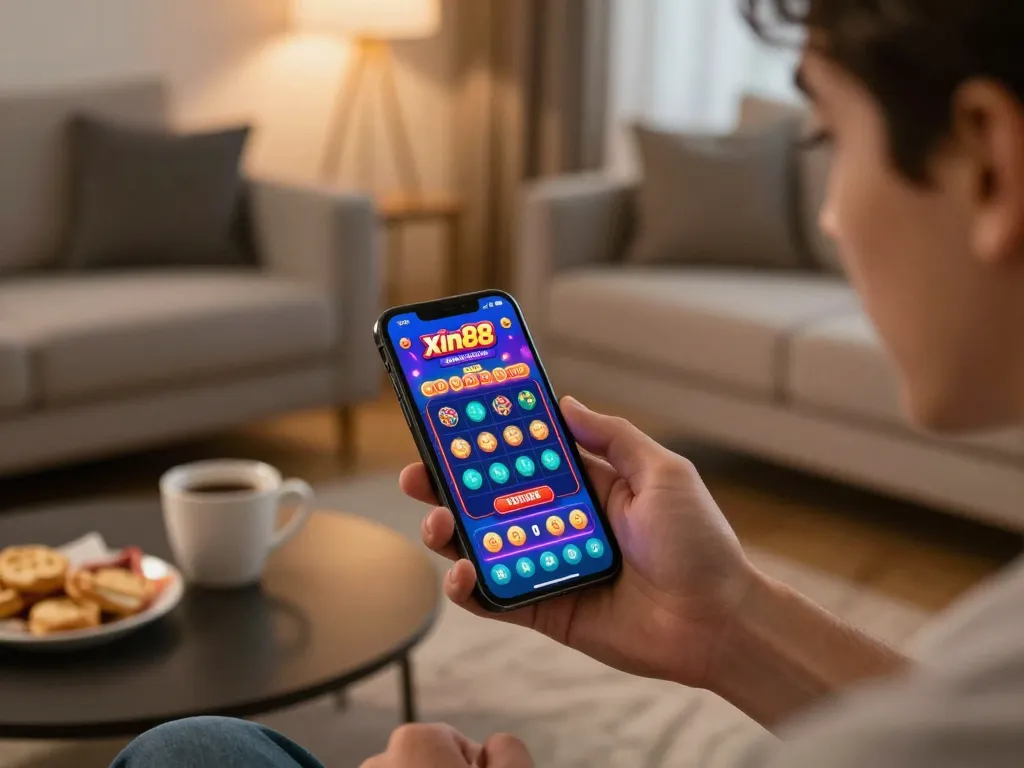 XIN88 player placing a strategic bet on mobile app in a cozy living room setting