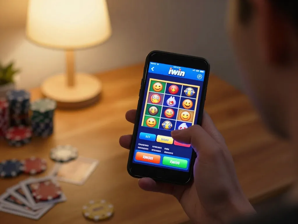 Player immerses in iwin casino app betting on a smartphone with engaging graphics in a cozy atmosphere.