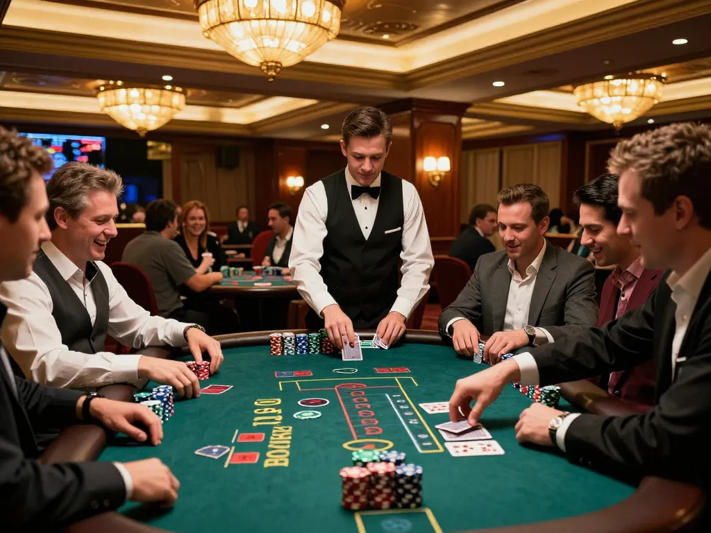 Players enjoying blackjack at a casino table, showcasing mb66 excitement and strategy in a lively setting.