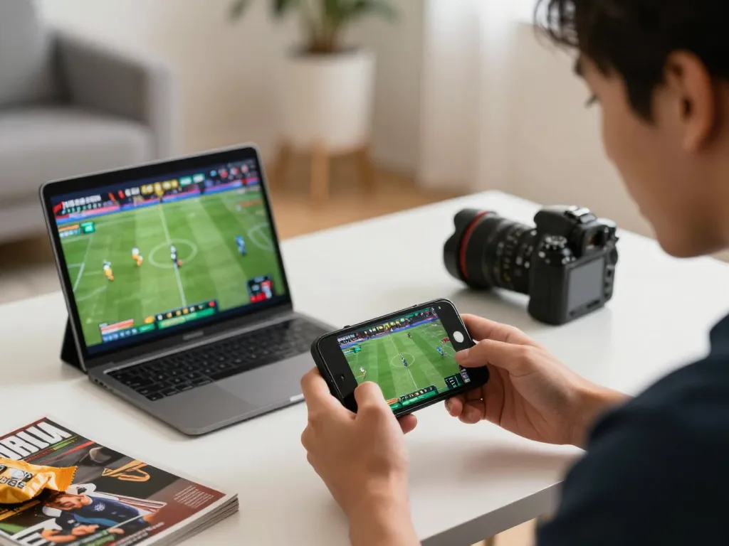 Engage in thrilling sports betting on LC88 with smartphone in focused home environment.