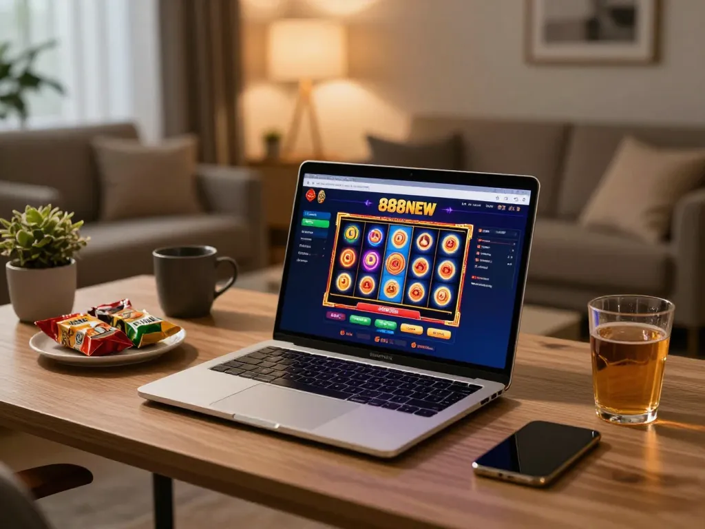 Engaging online game session with 888NEW gaming interface in a cozy home office.