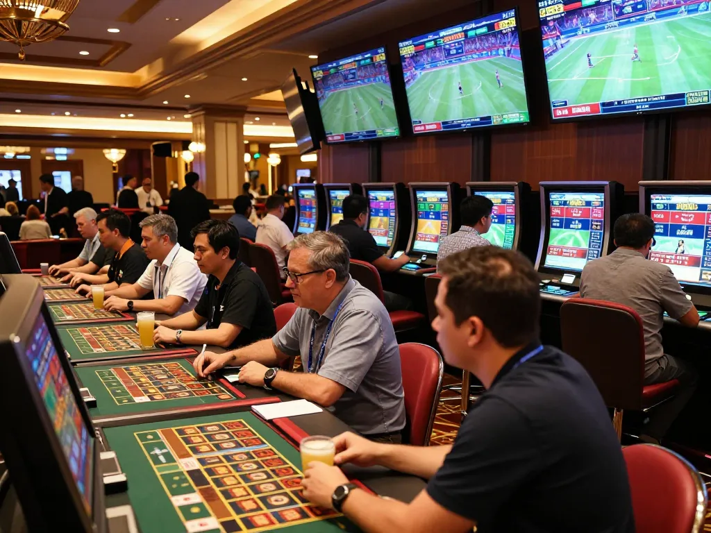 Players engaging with kèo nhà cái at a vibrant sports betting venue.