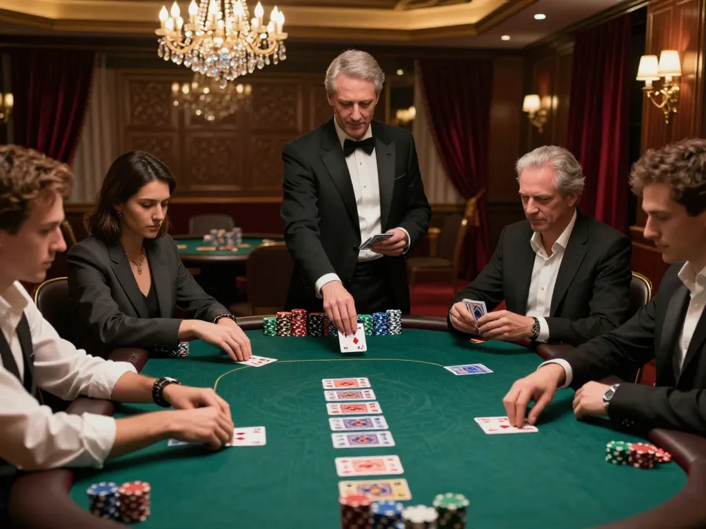 BL555 players engaged in an intense high-stakes poker game in a luxurious casino setting, focusing on strategy.