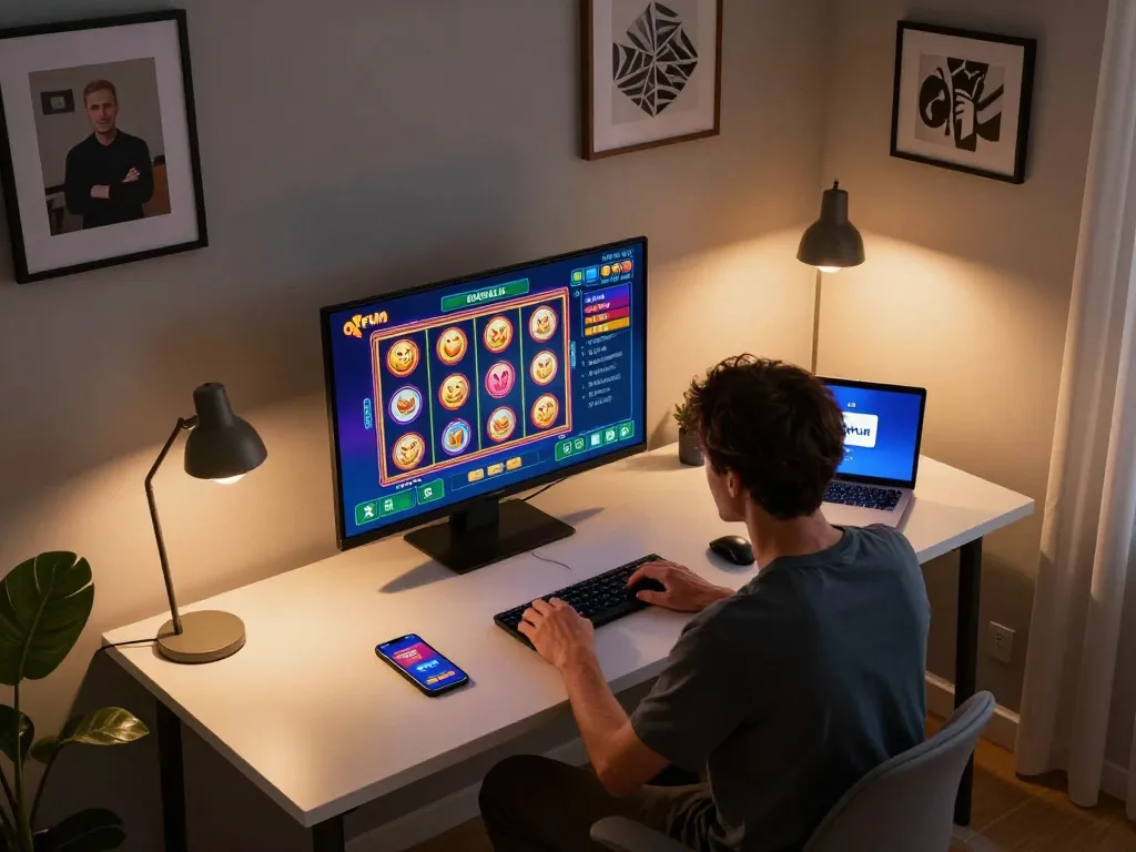 Player engaging with okfun casino app on a laptop, showcasing home gaming setup