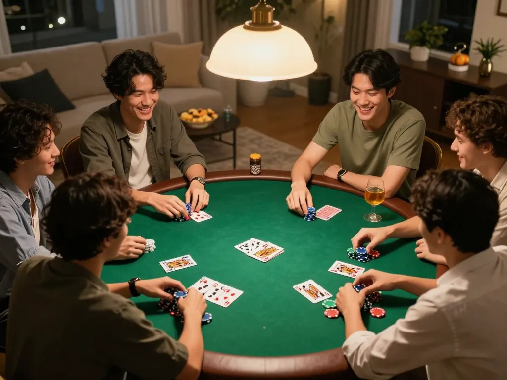 rik88 players enjoying a friendly poker game with chips and cards on the table.