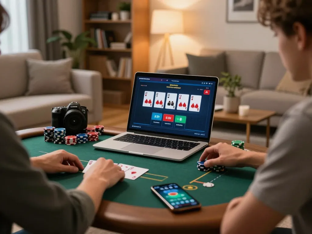 Engaging in online poker gameplay with Bsport on a laptop in a stylish home setting.