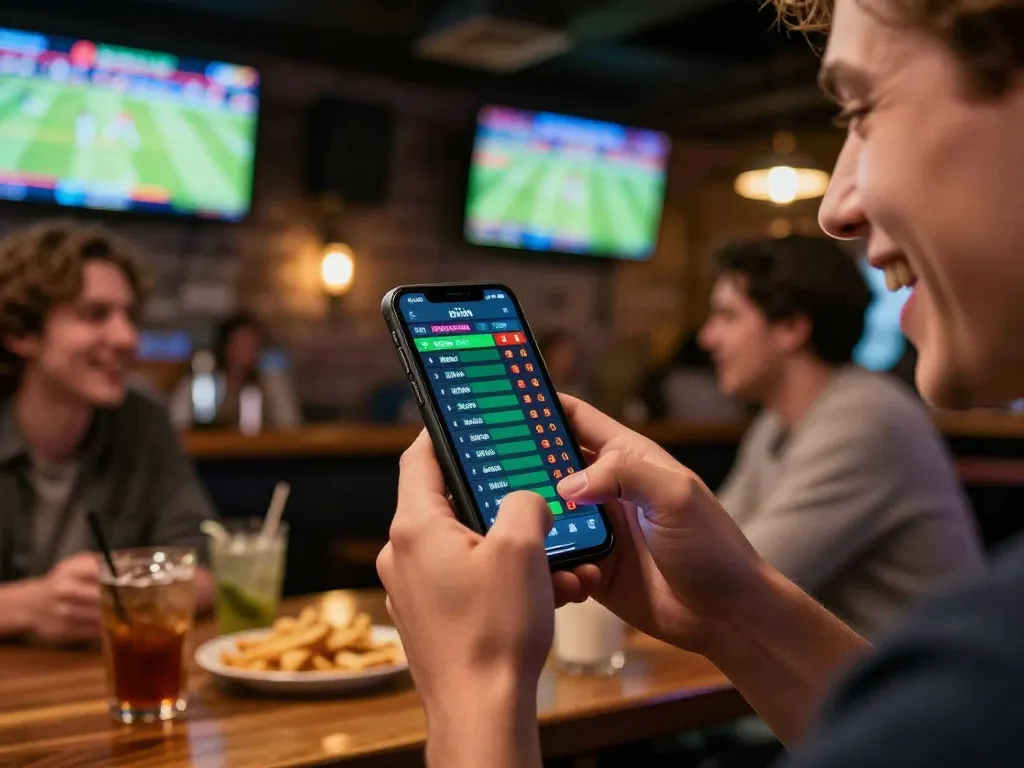 five88a user placing bets on a smartphone in a lively sports bar, capturing the thrill of live betting experience.