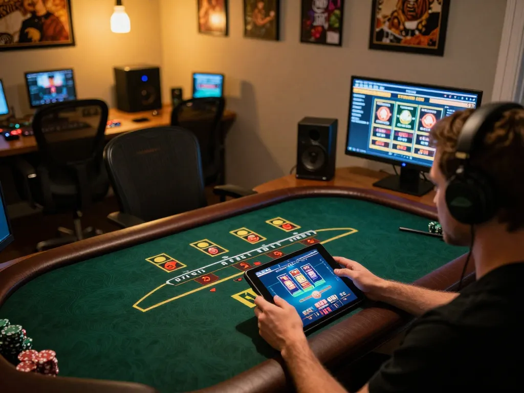 Player enjoying a live dealer experience on 98win's tablet, showcasing strategic online gaming action