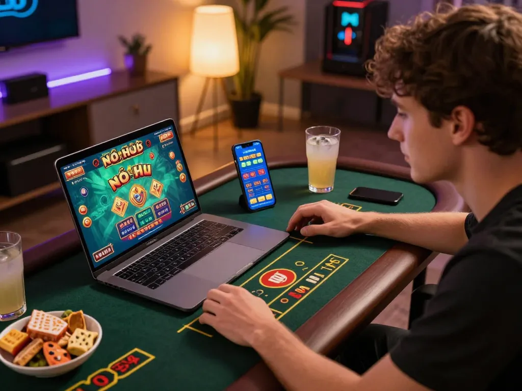 Nổ Hũ player engaging with a live dealer game on a laptop, showcasing strategic gameplay