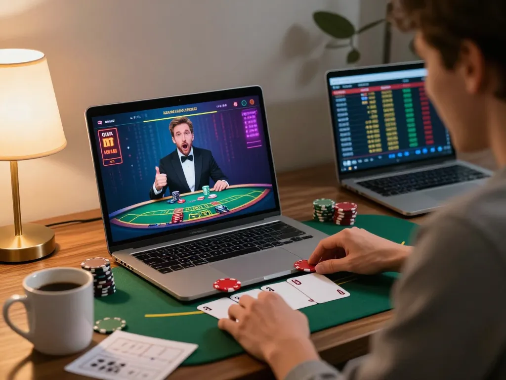 Onbet online blackjack game with player engaged at home, focused strategy environment