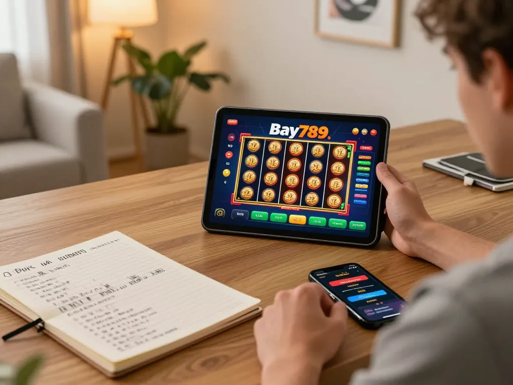 Player enjoying an exciting Bay789 online casino game on tablet in a cozy home setting.