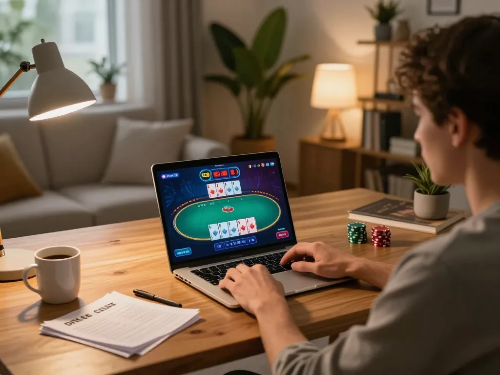 78 win poker game setup at home showing player engaged in strategic betting with vibrant interface.