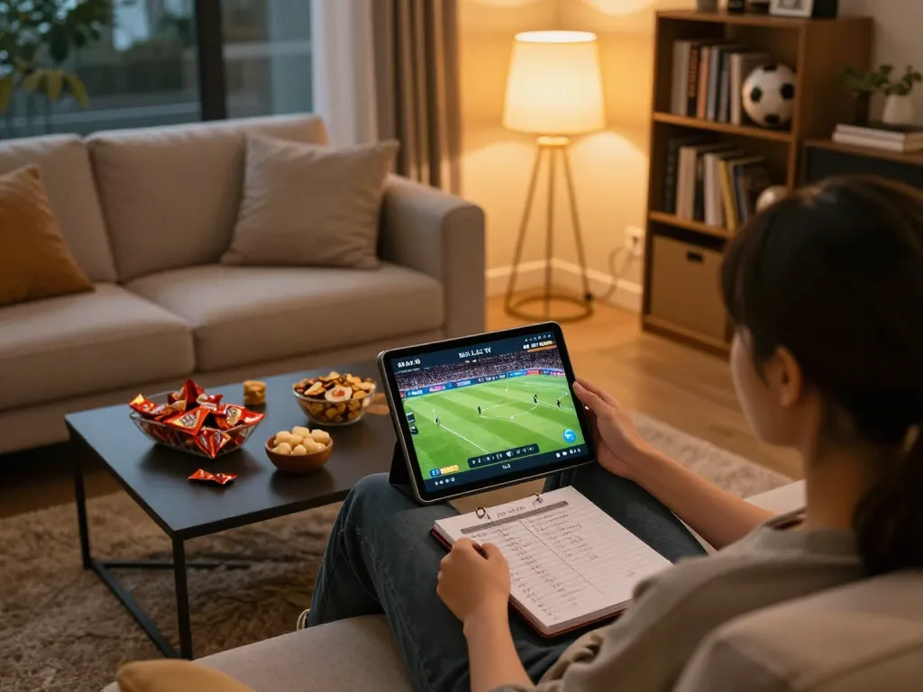 Enjoying live football streaming on Xôi Lạc TV while relaxing at home, showcasing a cozy gaming setup.