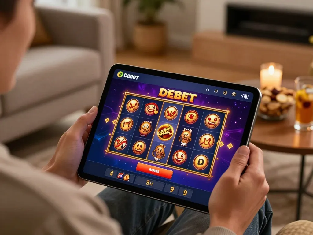 Player enjoys engaging slot games on Debet's online casino platform in a cozy home setting