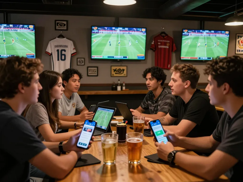KQBD platform showcased on smartphones as sports fans celebrate exciting football matches at a lively sports bar