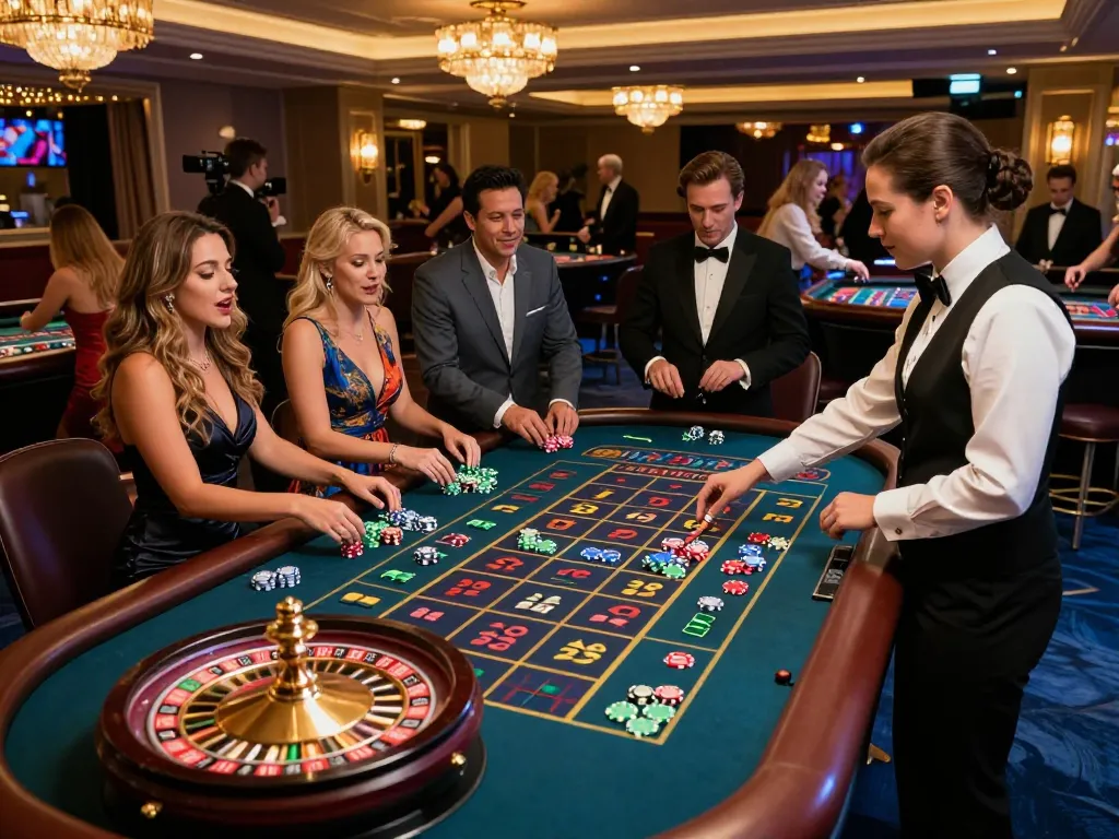 Engaged players at the Ricbet casino roulette table, excitement in a vibrant atmosphere.