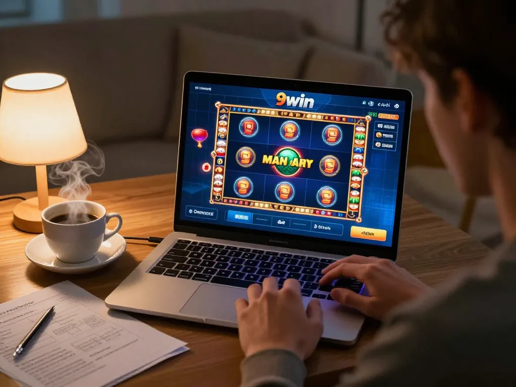 Exciting online gameplay experience on 9win showcasing vibrant slot graphics and a cozy home setting.