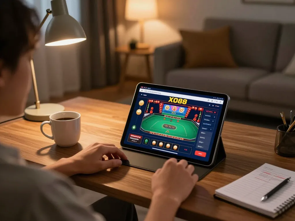 Player using the XO88 casino app on a tablet in a cozy home setting while managing their bankroll.