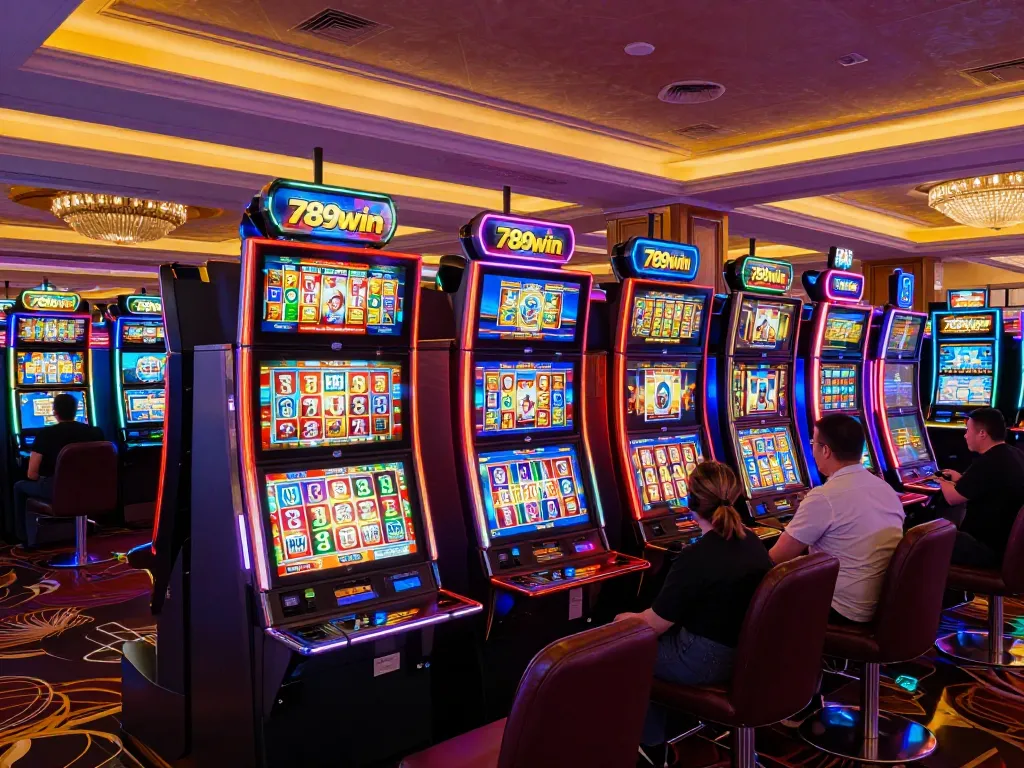 Excitement at the 789win slot machines with players celebrating wins.