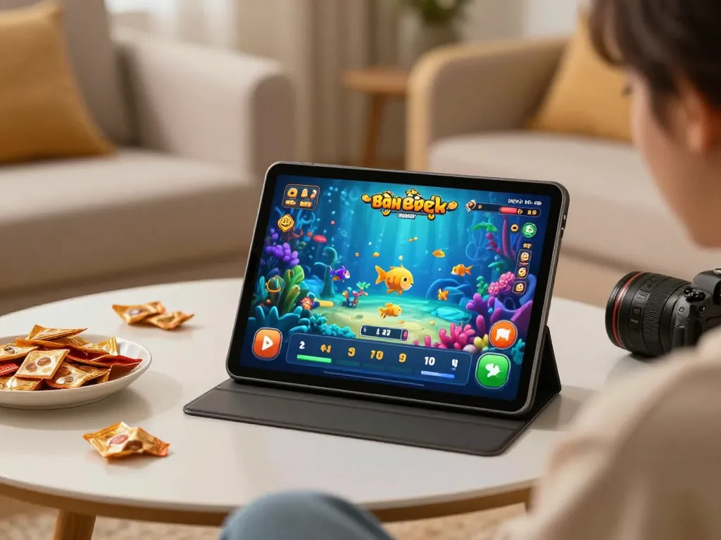 Bắn cá đổi thưởng game experience on tablet in a cozy setting with snacks and soft lighting.