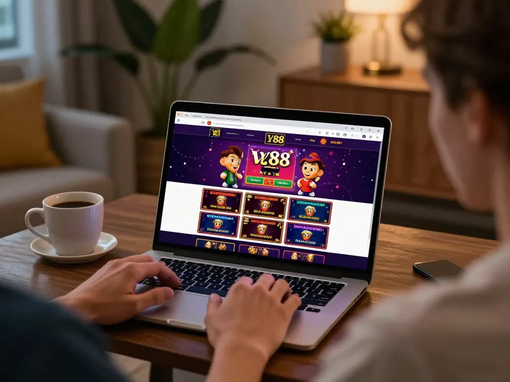 Person enjoying online gambling at LV88, focused on game screen in a cozy home setting.