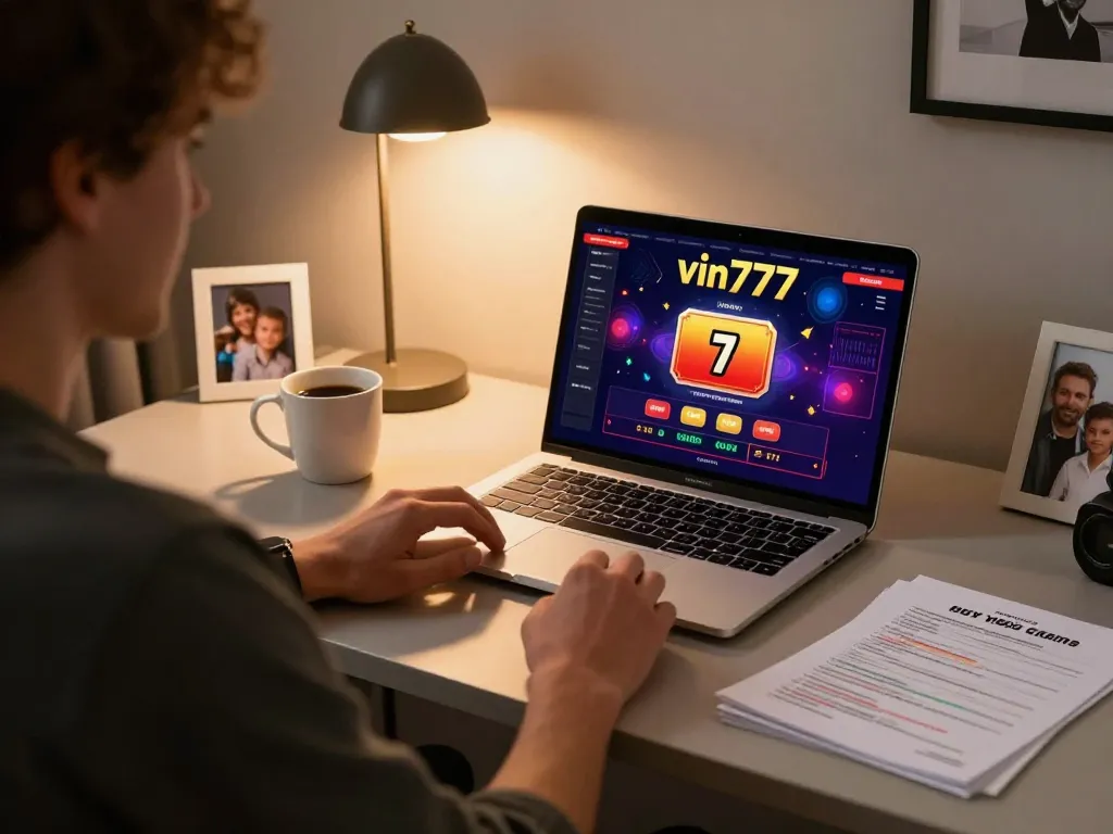 Engaging in online gambling at vin777 with a laptop, showcasing strategic betting moments.