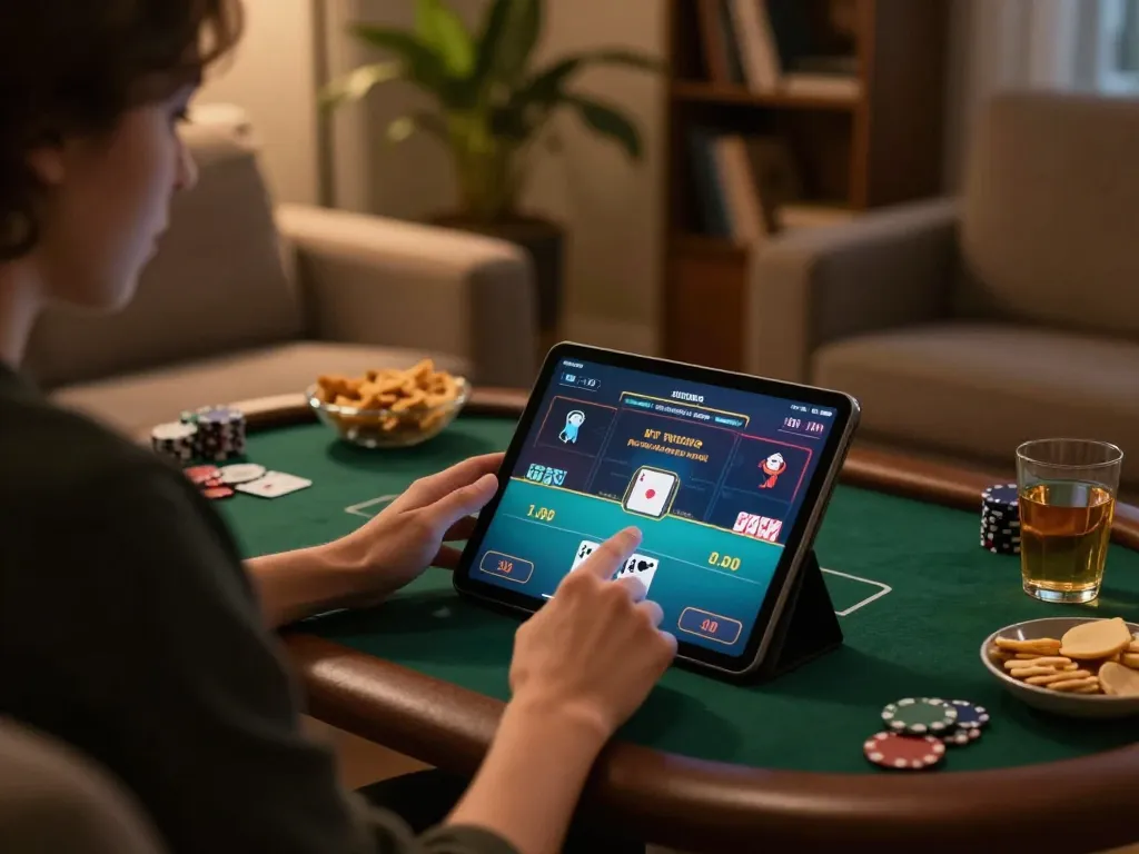 Engaging user enjoying TR88 online poker on a tablet, cozy home environment.