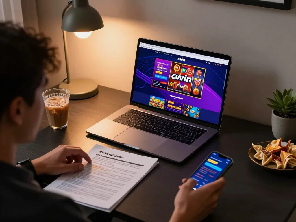 Cwin user engaging with dynamic online casino games on laptop while reviewing strategies at home.