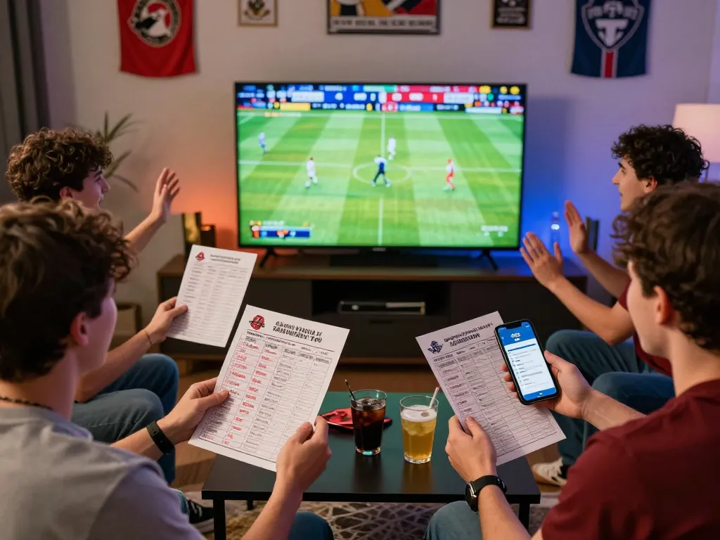 The excitement of friends enjoying live sports betting with the go8 app, vibrant atmosphere, and team spirit.