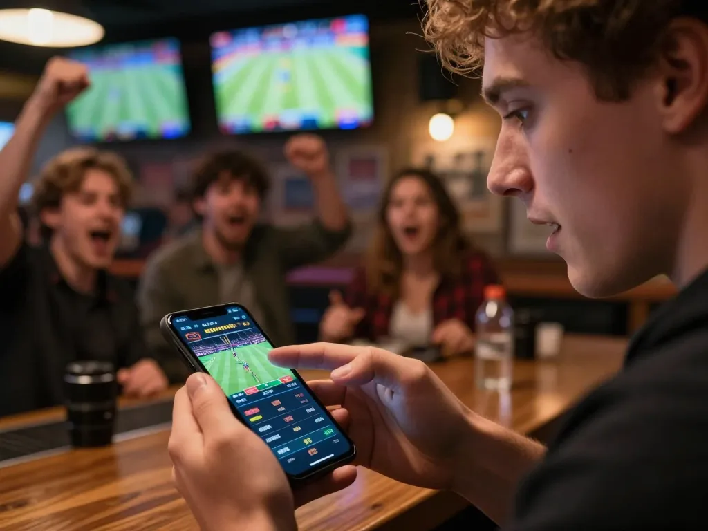 Kuwin player celebrating a winning sports bet on smartphone at a lively sports bar.
