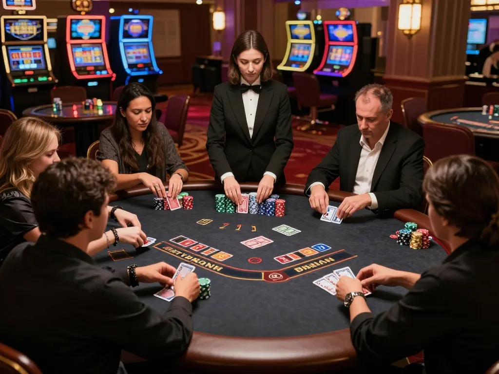 33WIN blackjack players engaged in strategic gameplay at an upscale casino.