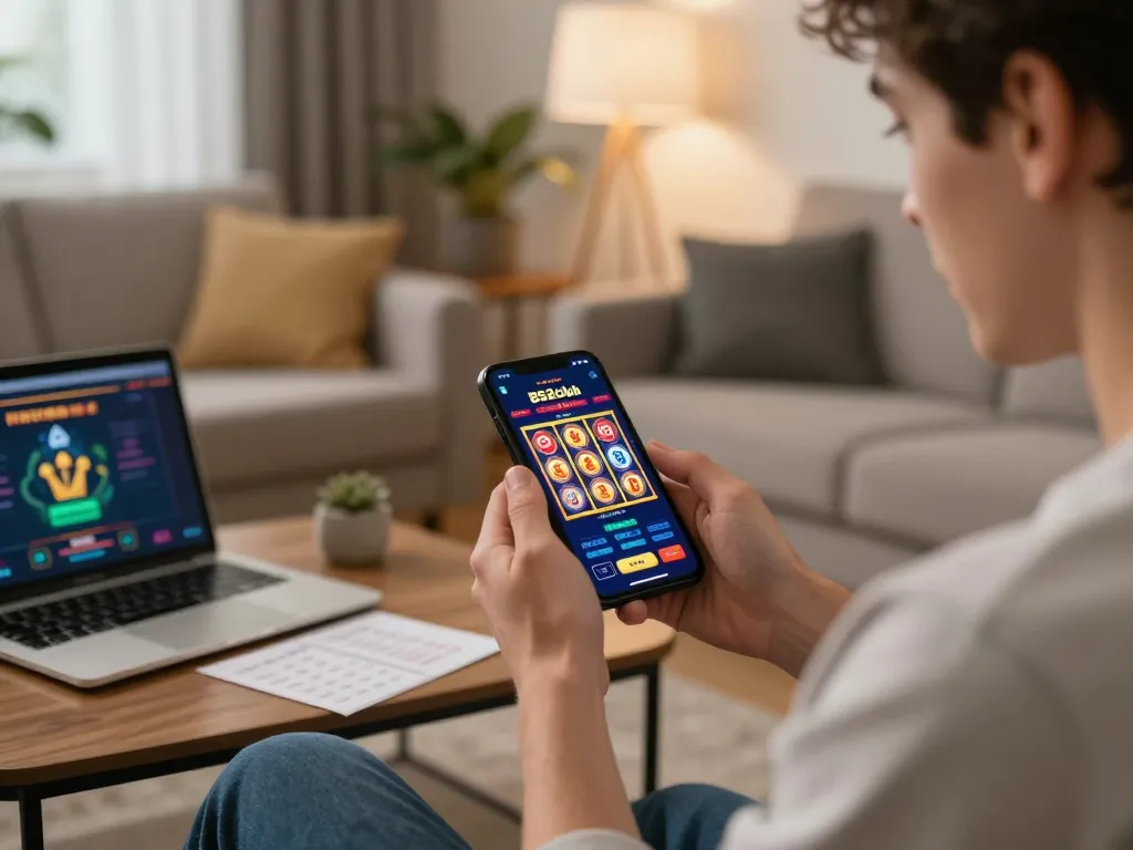 Excited player using B52club app for online gambling in a cozy living room.