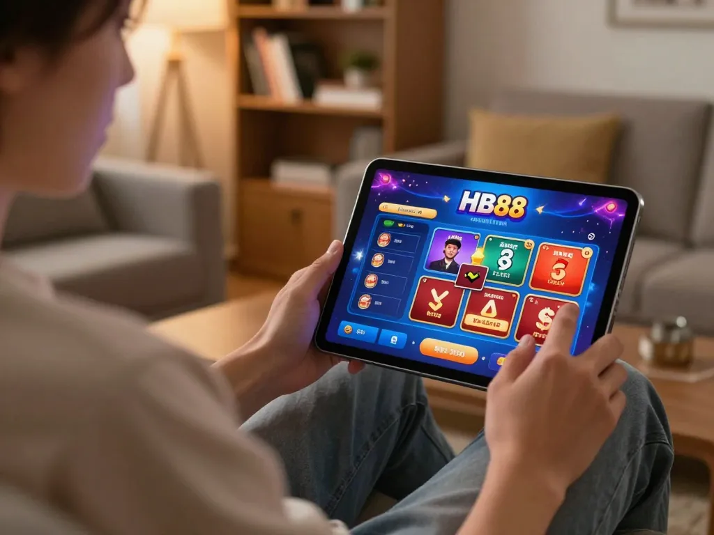 Player enjoying HB88 casino games on tablet in cozy living room setting.