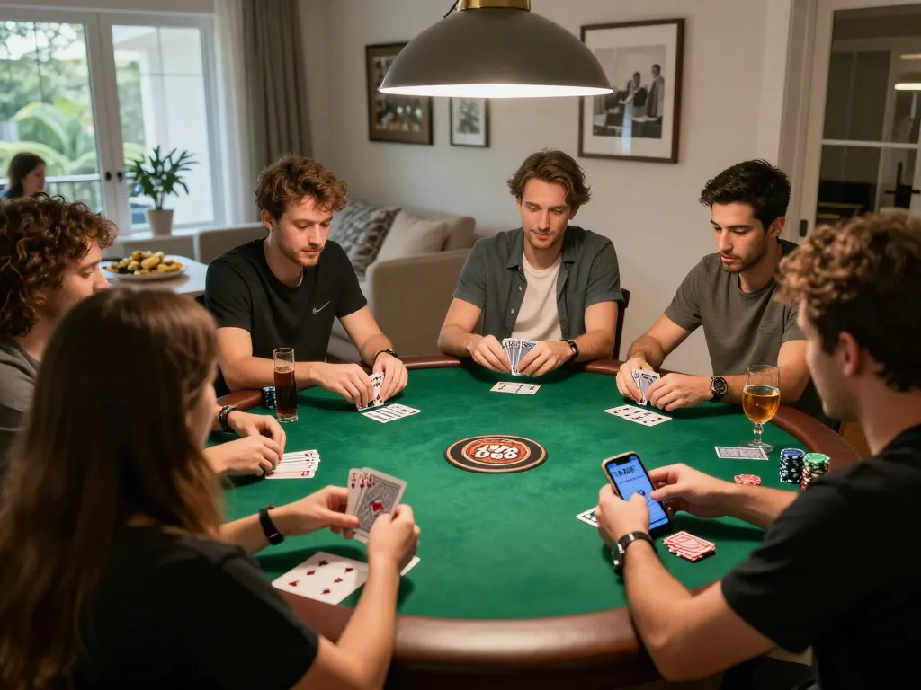 Friends enjoying a competitive game night while using the DW8 casino app on smartphone