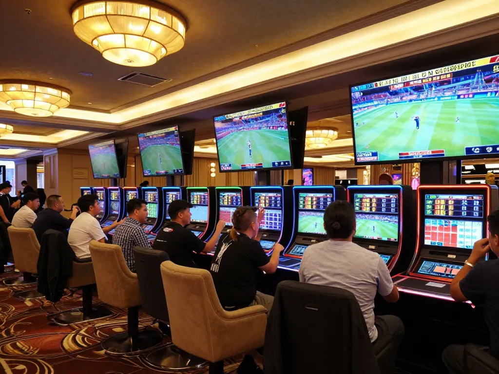 Engaged bettors reviewing kèo nhà cái odds in a luxury casino sports betting area